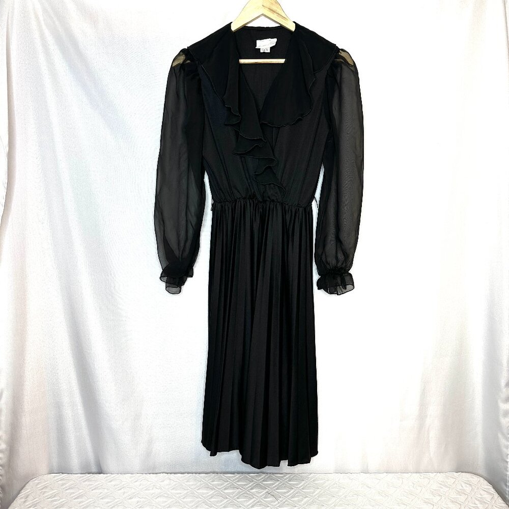 Vintage Boston Maid black dress Ruffled Sheer‎ Pleated Dark Romantic Moody, 12